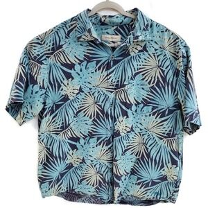 Tommy Bahama Shirt Mens XL Blue Tropical Floral Hawaiian Button Up Cotton Casual